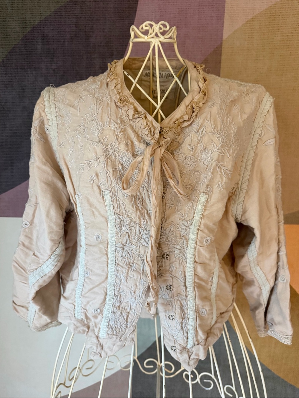 Magnolia Pearl Exquisite Beige Embroidered Tie-Neck Jacket